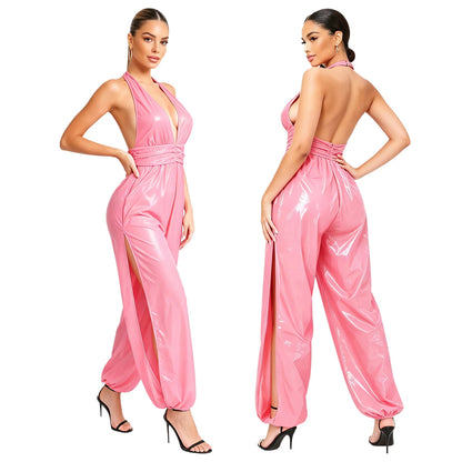 Womens Ruched Waist Back Invisible Zipper Side Split Bodysuit Glossy Water Resistant Rompers Halter Backless Jumpsuit Clubwear