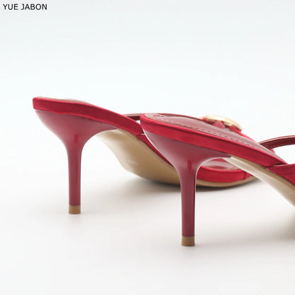 Red Satin Sexy Thin Heel Slippers Women Metal Buckle Open Toe Slides Ladies Concise Black Luxury Brand High Heels Dress Shoes
