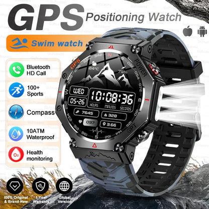 New Military Real GPS Smart Watch Men 10ATM IP69K Waterproof Swim Sports Watches Flashlight Bluetooth Call AMOLED HD Smartwatch