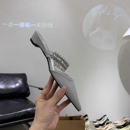 Luxury Crystal Women Slippers Pointed Toe Mules Shoes Elegant Heeled Sandals New Party Slingabck Flip Flops Elegant Mujer Shoes