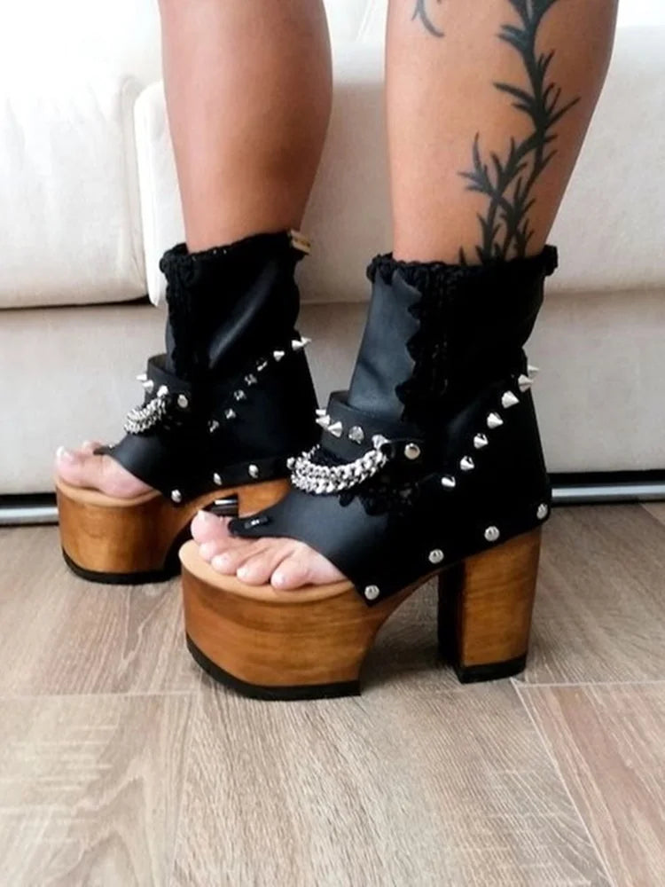 Black Chain Hollow Platform Sandals Chunky Heel Peep Toe Fashion Sexy Cool 2025 Summer Big Size Woman Shoes Zapatillas Mujer