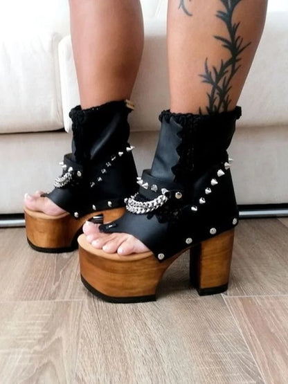 Black Chain Hollow Platform Sandals Chunky Heel Peep Toe Fashion Sexy Cool 2025 Summer Big Size Woman Shoes Zapatillas Mujer
