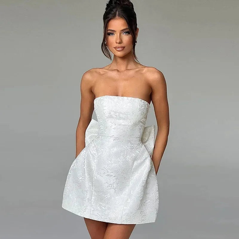 Evening Party Dresses Women 2026 Summer Sexy Fashion Bow Dress Elegant Jacquard Lace Up Backless Birthday Short Dress