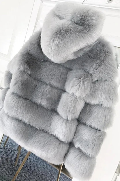 Fashion Winter Women Imitation Fox Fur Jacket Hooded Loose Long Sleeves Female Eco Fur Coat Patchwork Plush Thick Lady Fur Coat