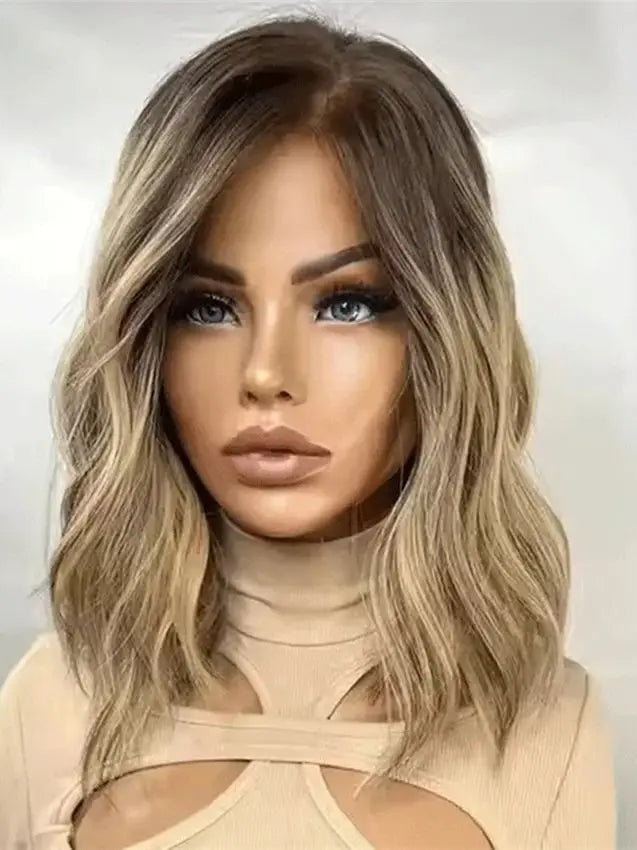 12" Short Bob Lace Front Wigs Honey Blonde Highlight Caramel Brown Synthetic Wig Bouncy Waves Brown Roots Hair-loss Cosplay Wig