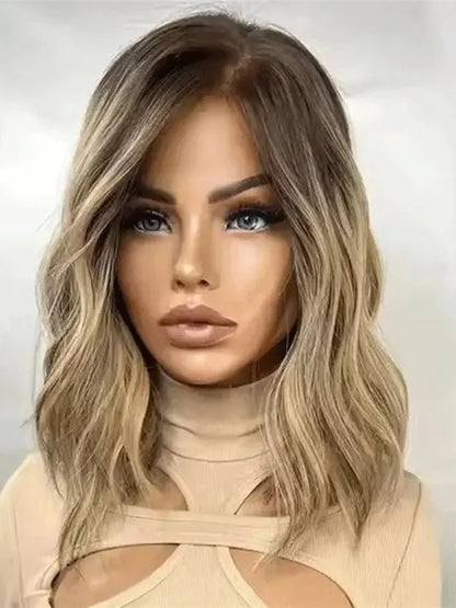 12" Short Bob Lace Front Wigs Honey Blonde Highlight Caramel Brown Synthetic Wig Bouncy Waves Brown Roots Hair-loss Cosplay Wig