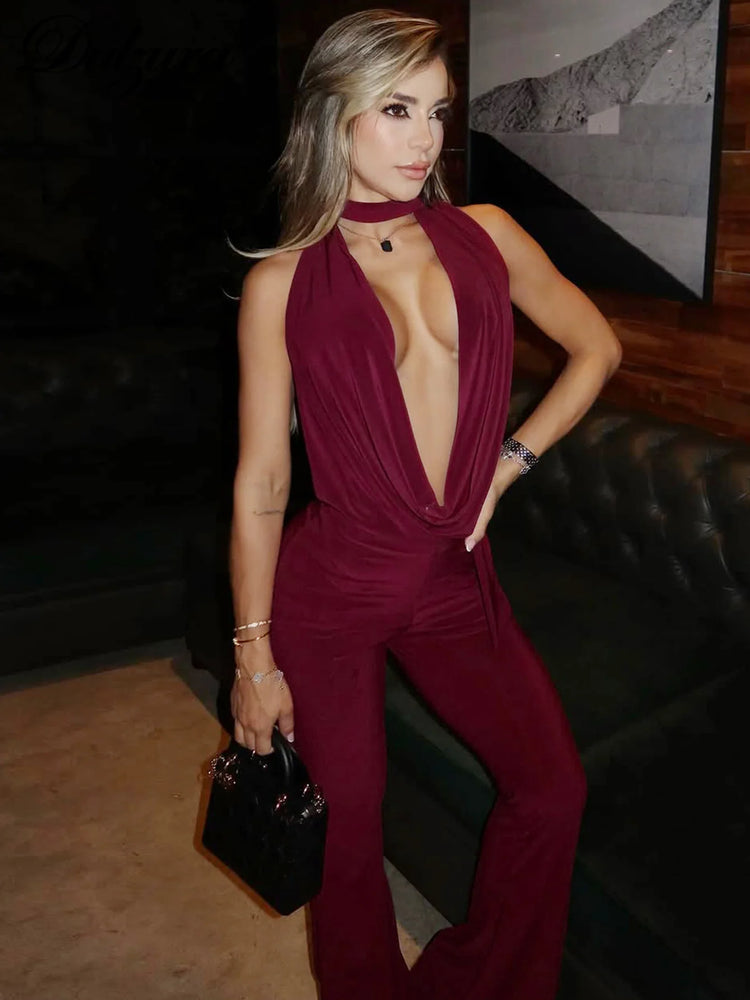 Dulzura Summer Solid Sexy Halter Swinging Collar Backless Slim Lace Up Flared Jumpsuit Women'S Fashion Elegant Party Club Romper