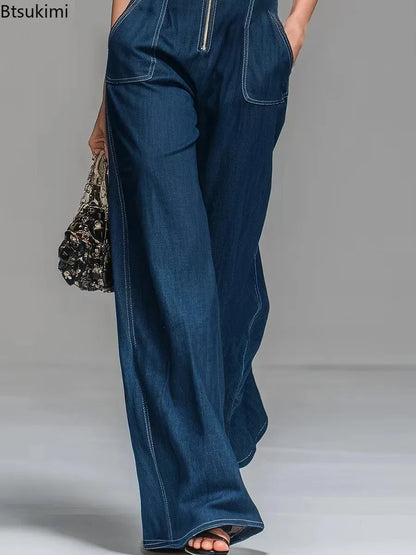 New Women's Sleeveless Denim Jumpsuits High Waist Wide Leg Cargo Pants Front Zipper Casual Office Overalls Summer Jean Jumpsuit