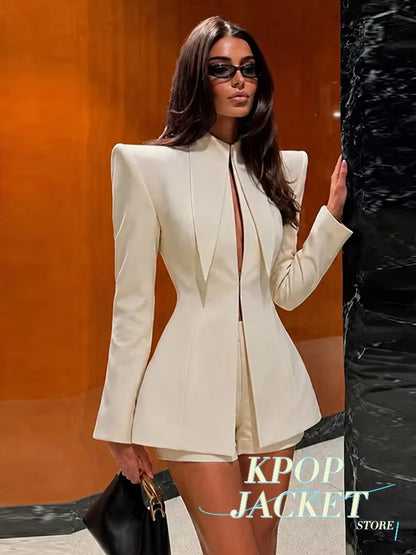 Women Chic Solid Shorts Suit Stand Collar Waist Cinching Slim Fit 2 Piece Suits 2026 Spring Autumn Lady  Elegant Outfits New