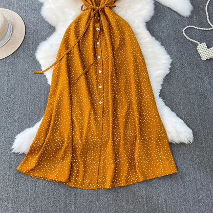 Summer Women Polka Dot Long Dress Vintage V-Neck Flying Sleeve High Waist Single Breasted A-Line Casual Vestidos Female Robe New