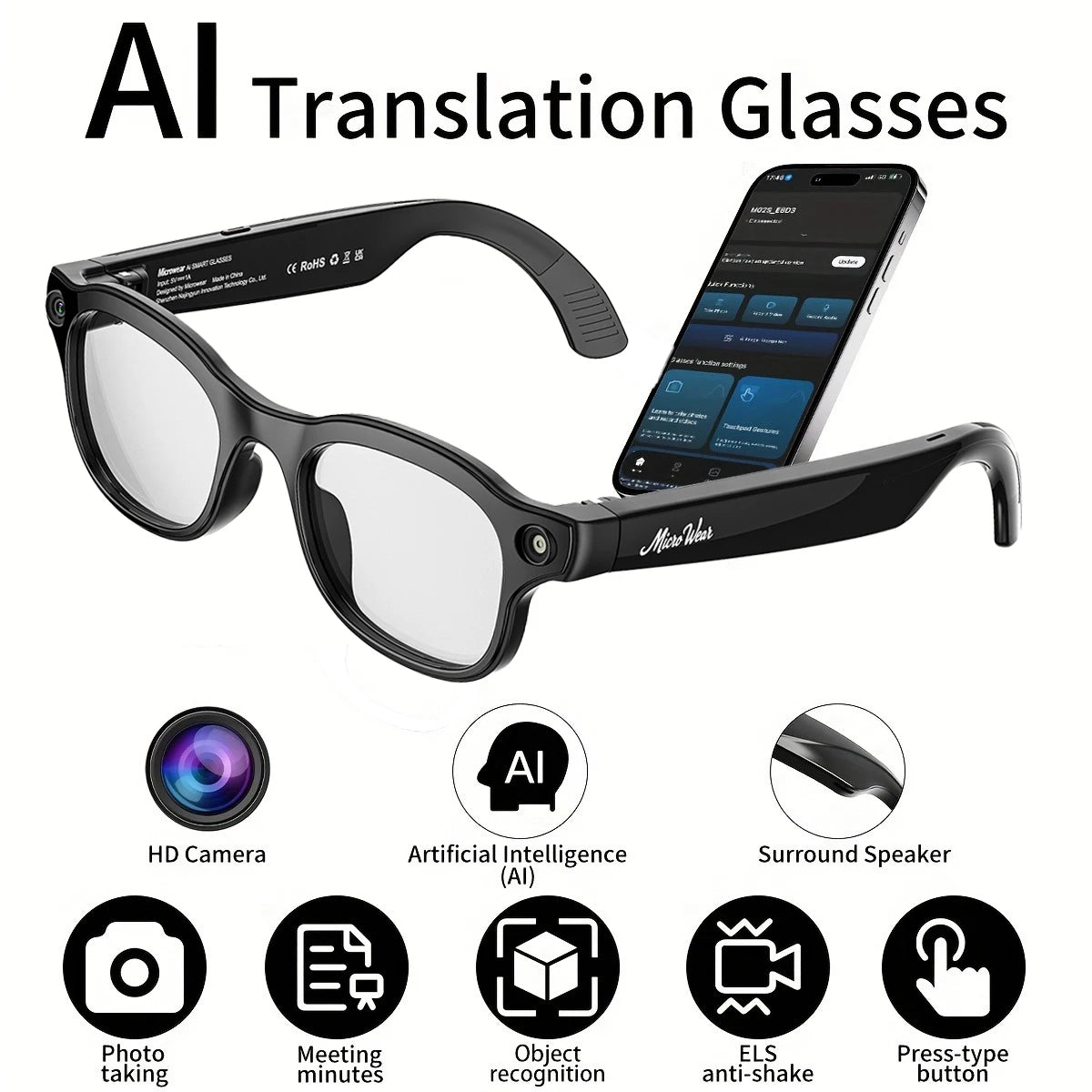 800W HD AI Smart Glasses with Camera, 1080P HD Video Recording, AI Assistant, Real-Time Translation, with Color-Changing Lenses