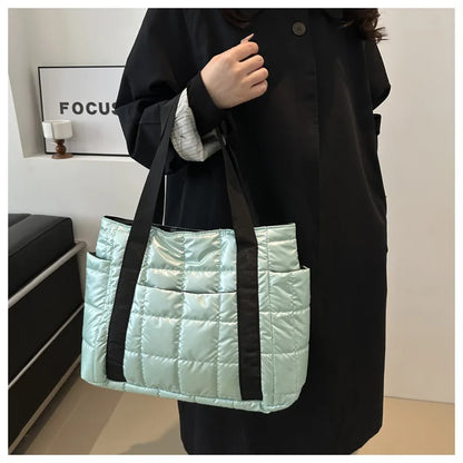 Space Padded Women Shoulder Bags For Winter 2025 Large Capacity Black Handbags Designer Nylon Cotton Warm Tote Solid