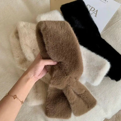 Korean Women Winter Warm Thicken Cross Collar Scarf Imitation Faux Rabbit Fur Scarf Solid Furry Neck Warmer Cold Proof Scarves
