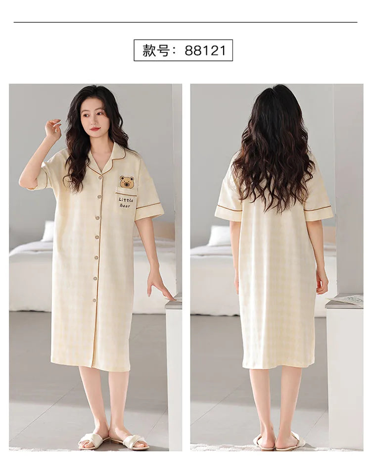 Newest M-5XL Women Short Sleeve Nightdress With Chest Pad Female Knited Cotton Nightwear Sleepdress