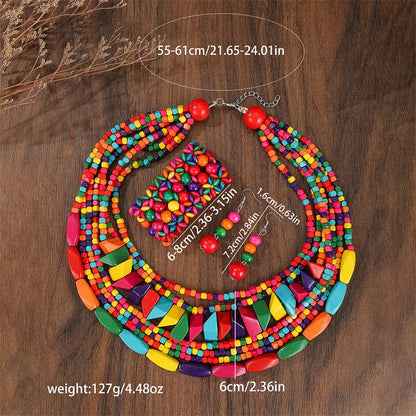 Boho Multilayer Big Colorful Wood Jewelry Set Geometry Necklace Earrings Sets Nigerian Wedding Indian Africal Beads Jewelry Gift