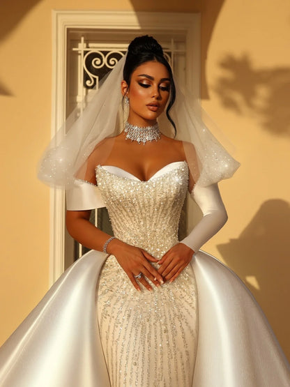 Detachable Satin Train Wedding Dress Elegant Dazzling Beaded Bridal Gown Customized Dreamy Sweetheart Neck Dresses For Bride