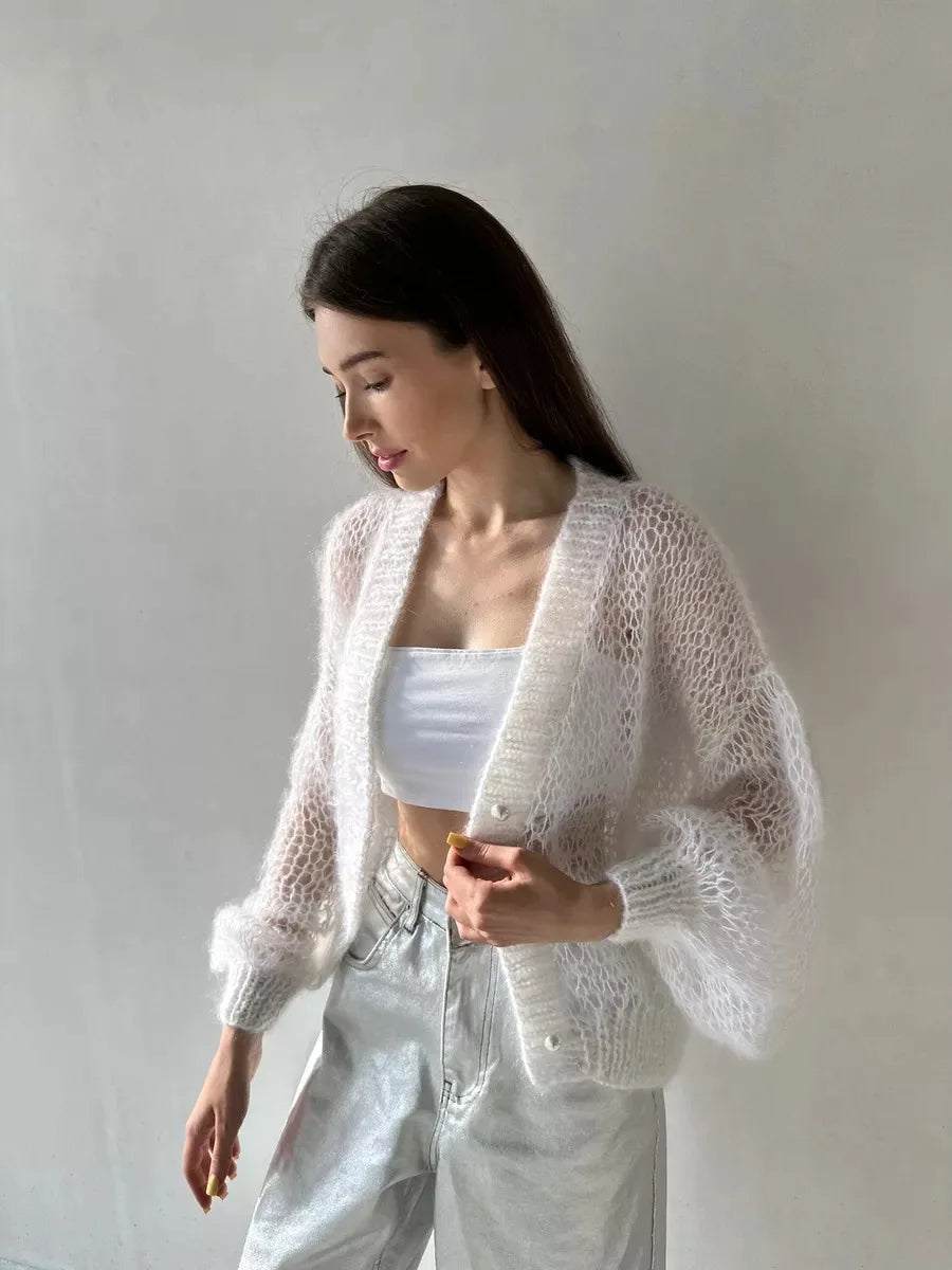 Women Knitting Cardigan 2026 New Women Mohair Knit Cardigan Hollow Out Sheer Long Sleeve Casual Knitted Outerwear Sweater
