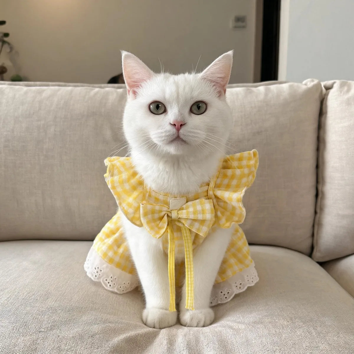 New Pet Clothing with Flying Shoulder Sleeves and Checkered Lace Dog Skirt, Cat Clothing Skirt