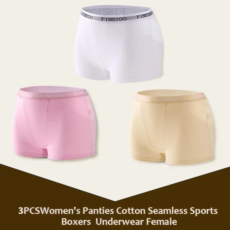 3Pcs Women's Cotton Boxers Panties Seamless Sports Underwear Female Solid Color Briefs Lingerie Intimate Underpant Finetoo S-XXL