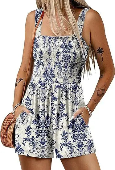 Femmes Print Jumpsuit Fashion Boho Beach Party Jumpsuits Lady Casual Sleeveless Pockets High Waist Shorts Jumpsuits Summer New