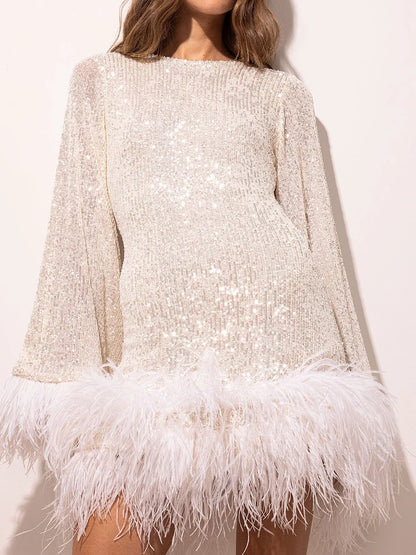 Sparkling sequin backless dress for fashion parties summer sexy dress casual daily O collar feather long sleeved short skirt