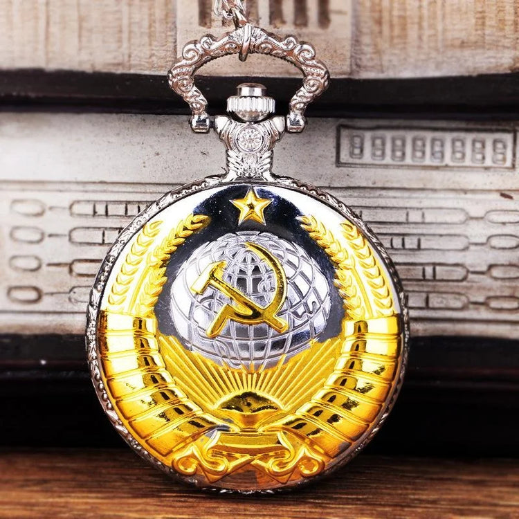 Vintage Emblem Soviet Badges Hammer Sickle Pocket Watch Retro Russia Army Communism Necklace Clock Chain for Men Women