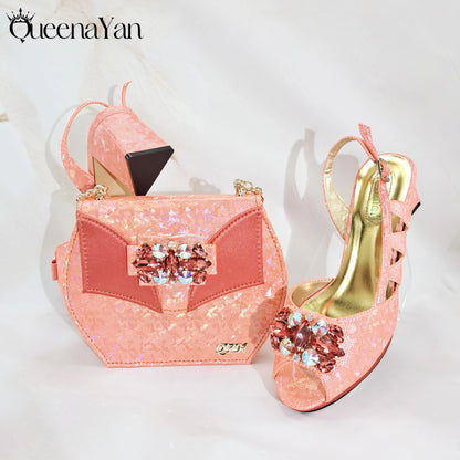 Queena Yan New Arrival  Special Synthetic Fabrics Design Teal Color Women's Matching Shoe and Bag Set  for Weddings and Parties