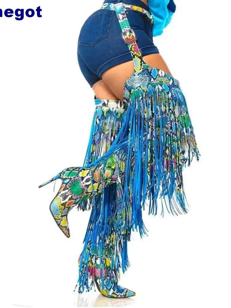 2025 Fashion Ladies Over Knee Belt Tassel Boots Autumn Winter Stiletto Stage Catwalk Model Boots Snake Pattern Street Sexy Boots