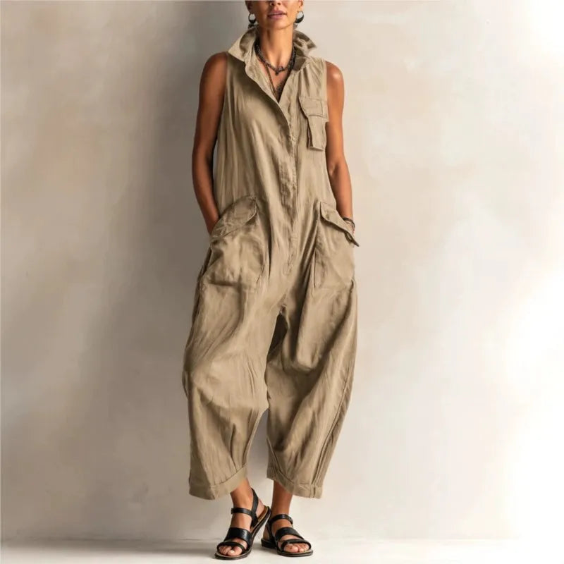 Jumpsuits Women Rompers Summer Fashion Sleeveless Lapel Loose Comfortable Solid Pocket Vacation Casual Jumpsuits Womens Clothing