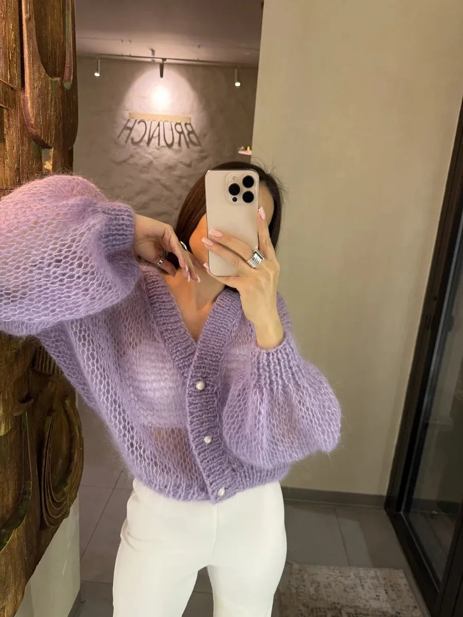 Women Knitting Cardigan 2026 New Women Mohair Knit Cardigan Hollow Out Sheer Long Sleeve Casual Knitted Outerwear Sweater