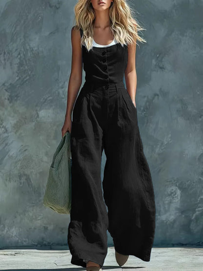 MsChuh Women's Jumpsuits And Rompers High Waist Pleated Waist Sleeveless Solid Color Romper Black Loose Fit Wide Roupas Feminina