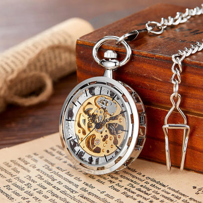 Vintage Transparent Hollow Women Men Skeleton Mechanical Pocket Watch Hand Winding With Waist Belts Chains Gift Watches Clock