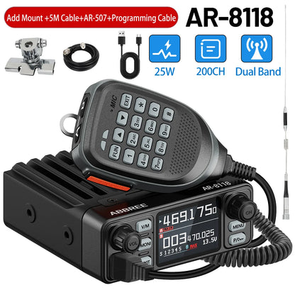 ABBREE AR-8118 Mini Mobile Radio 25W Dual Band VHF UHF 200CH Long Range NOAA VOX Clear HD Voice Dual PTT Car Radio
