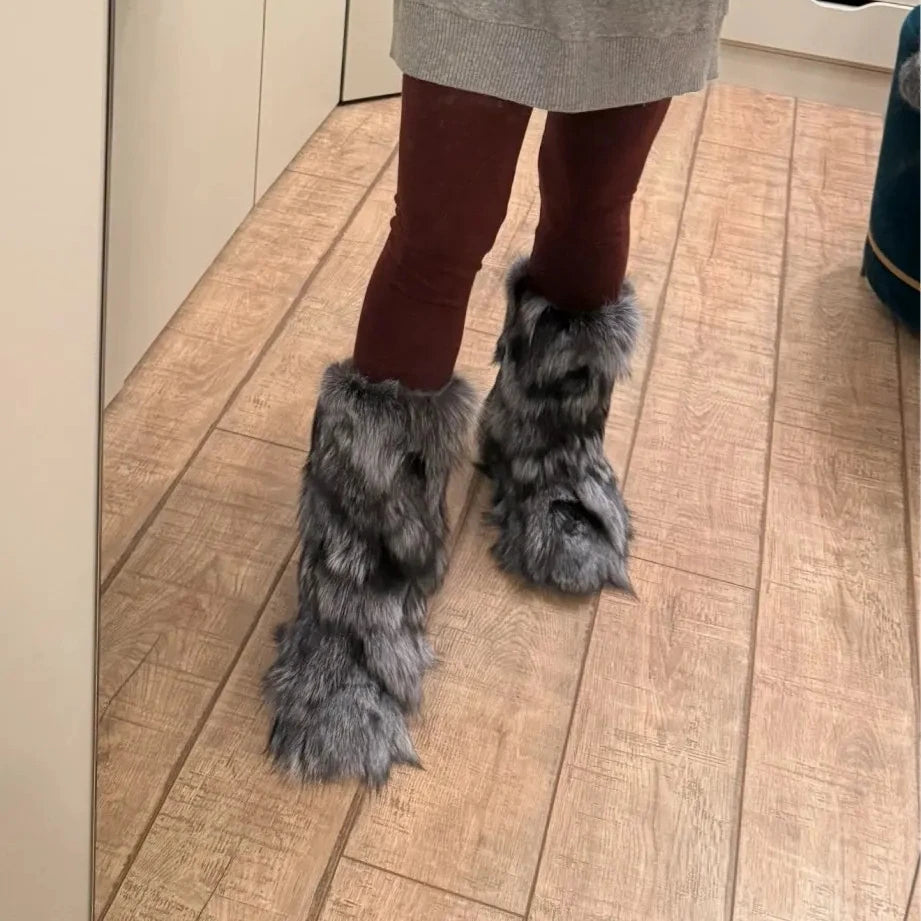 Winter Shoe Women's Winter Fluffy Real Fox Fur Boots Woman Plush Warm Snow Boots Luxury Footwear Girls' Furry Fur Bottes Fashion