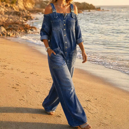 Summer Denim Jumpsuit for Women, Long Sleeve Off Shoulder Loose Bib Overall, Button Down Wide Leg Jeans Romper with Pockets
