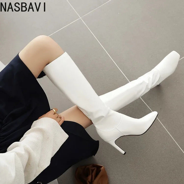 NASBAVI Women's Boots Autumn Winter Fashion New Style Sexy Knee-High Square Heel Square Toe Black Platform High 9cm Plus Size 48