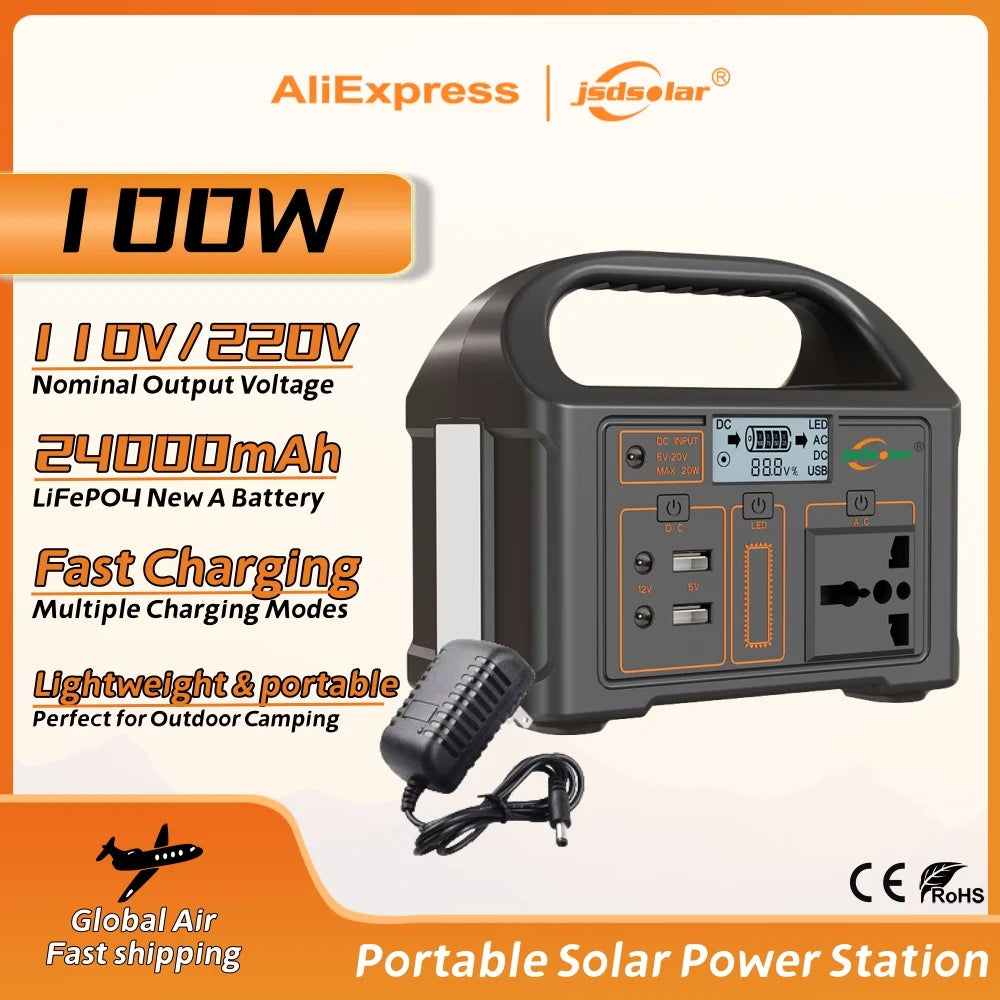 jsdsolar 100W Portable Power Station Power Generator 110V 220V LED Light Emergency Solar Power Bank for Outdoor Camping Travel