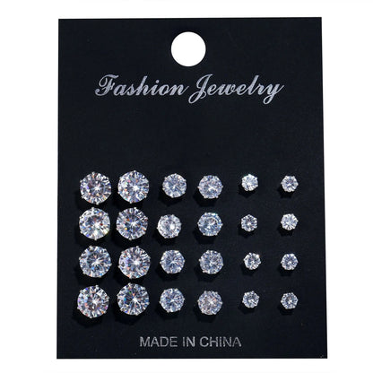 12 Pairs Of Stud Earrings Set Inlaid Round Zircon Elegant Ear Piercing Jewelry Decoration Party Favors for Men Women Daily Wear