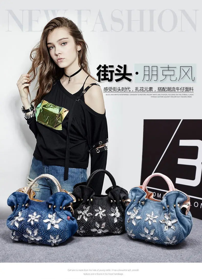 New Luxury Women Denim Bags Sweet Blue Pattern High Quality Handbags With Purses Diamond Ladies Tote Bag Messenger Bags
