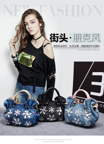 New Luxury Women Denim Bags Sweet Blue Pattern High Quality Handbags With Purses Diamond Ladies Tote Bag Messenger Bags