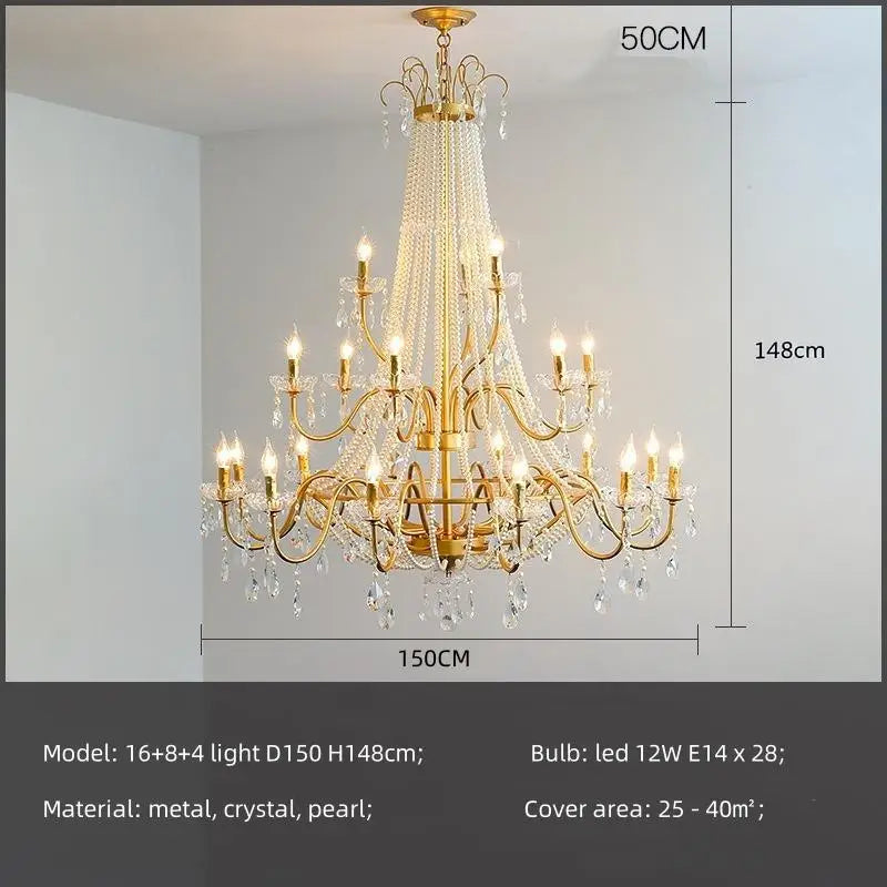 European Living Room Gold Candle E14 Chandelier Luxury Crystal Pearl Led Pendant Lights Villa Decor Led Suspend Lamp Luminarias