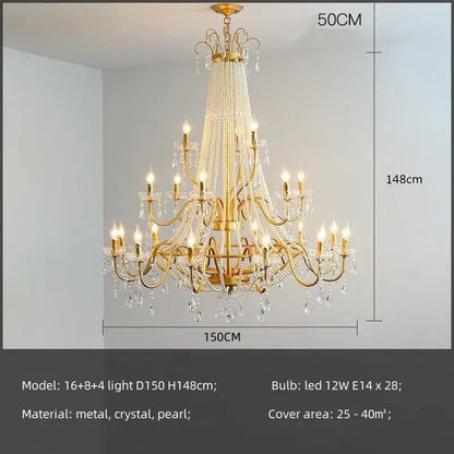 European Living Room Gold Candle E14 Chandelier Luxury Crystal Pearl Led Pendant Lights Villa Decor Led Suspend Lamp Luminarias