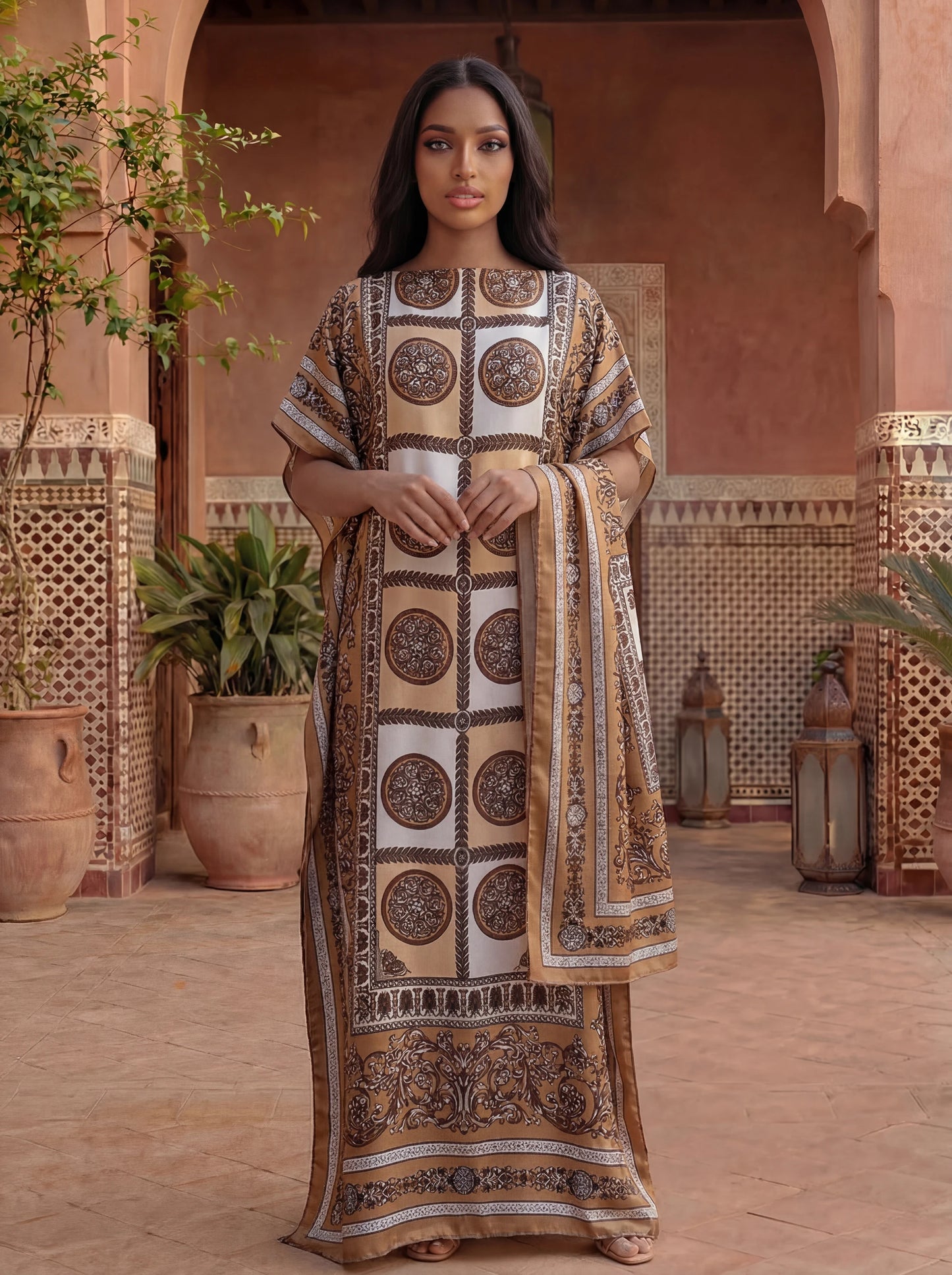 African Women's Printed Abaya With Scarf - Dubai Style Loose Boat Neck Batwing Sleeve Maxi Kaftan Dress