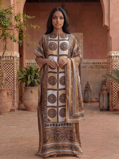 African Women's Printed Abaya With Scarf - Dubai Style Loose Boat Neck Batwing Sleeve Maxi Kaftan Dress