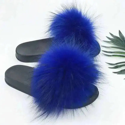 Real Raccoon Fur Slippers For Women 2026 Summer Fluffy Indoor House Fuzzy Flat Slides Outdoor Fashion Beach Sandals Flip Flops