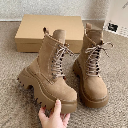 Comemore Platform Lace Up Ankle Boots Retro British Style Chunky Heeled Suede Leather Shoes for Women Solid Short Work Botas