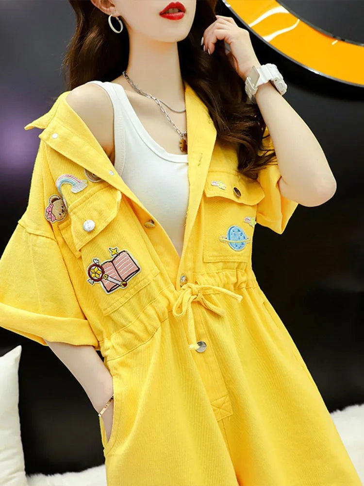 Denim Jumpsuits Loose Korean Style Casual Short Sleeve Playsuits One Piece Outfits Women Clothing Lace-up Waisted Wide Leg Pants