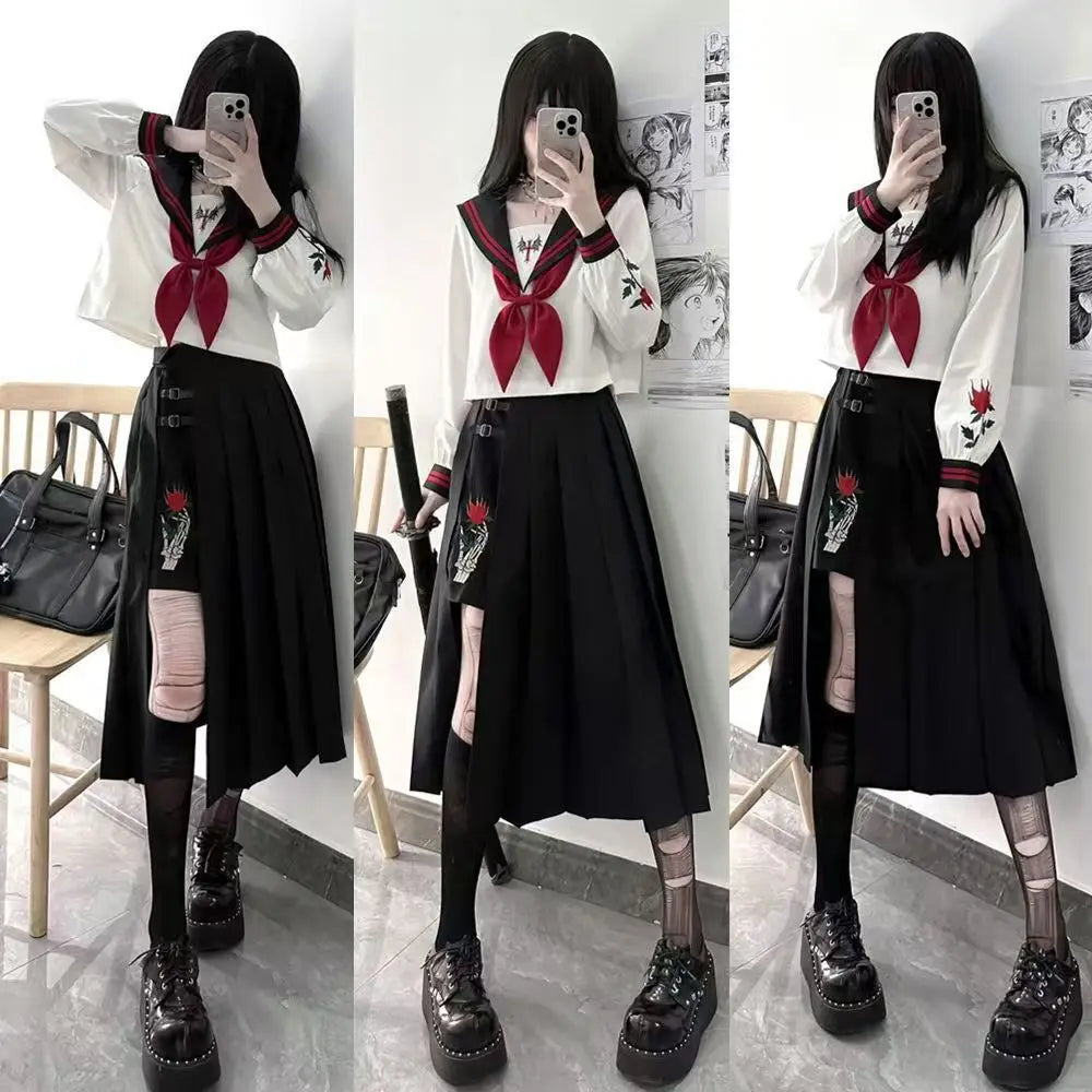 Dark Japanese Bad JK Uniform Long-sleeved Girl Orthodox Sailor Suit Role Play Handsome Long Skirt School Uniform Embroidery