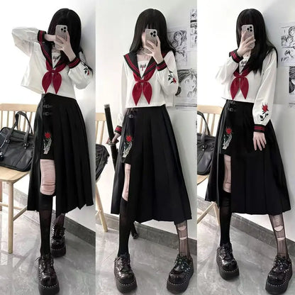Dark Japanese Bad JK Uniform Long-sleeved Girl Orthodox Sailor Suit Role Play Handsome Long Skirt School Uniform Embroidery