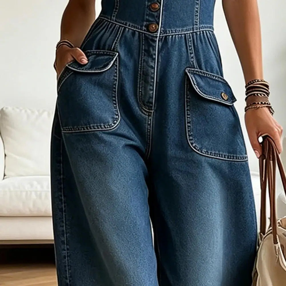 2026 Women Jumpsuit Jumpsuit Denim Jumpsuit for Women V Neck Wide Leg Rompers with Pockets Summer Vacation Outfits Jean Pants